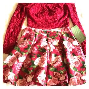 2Piece Set Red Flowery Dress